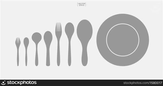Spoon, dish and fork icon set. Kitchenware sign and symbol. Vector illustration.