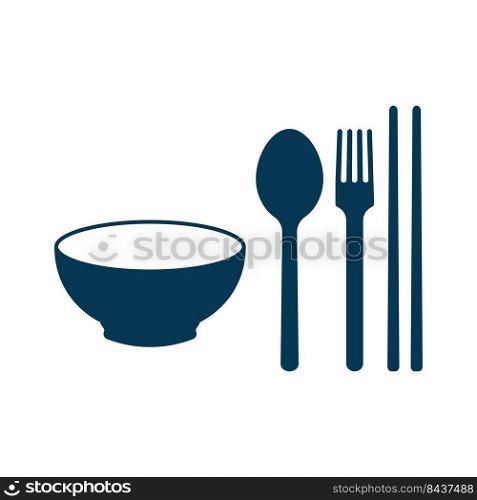 Spoon, fork, chopsticks and bowl icon isolated. Vector illustration