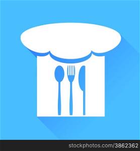 Spoon, Fork, Knife and Chef Hat Isolated on Blue Background