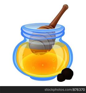 Spoon in honey jar icon. Cartoon of spoon in honey jar vector icon for web design isolated on white background. Spoon in honey jar icon, cartoon style