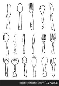 Spoon knife fork. Hand drawn isolated objects. Sketch. Vector illustration.