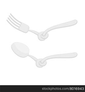 Spoon tied knot. Fork with node. It is impossible to eat. Cutlery for dieting. Allegorical figure for those who want to go on a diet. Vector illustration.