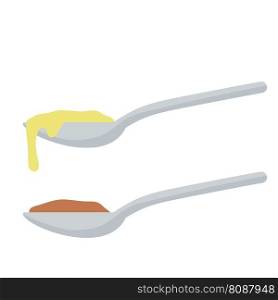Spoon with food. Set Of elements of the kitchen and dining room. Teaspoon with soup pudding and porridge. Cartoon flat illustration. Spoon with food
