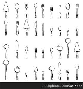 Spoons, forks and knives on a white background. Vector illustration.