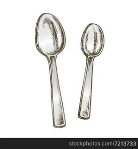 Spoons Metallic Kitchenware Color Vector. Stainless Dessert Spoons Dishware. Metal Breakfast Teaspoon Utensil Engraving Template Hand Drawn In Vintage Style Illustration. Spoons Metallic Kitchenware Color Vector