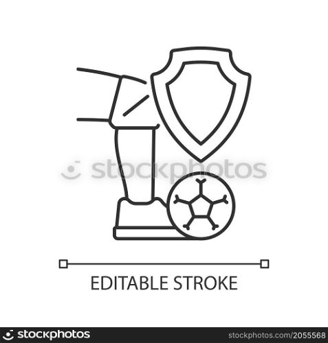 Sport accident insurance linear icon. Athletes financial support by injury rehab. Thin line customizable illustration. Contour symbol. Vector isolated outline drawing. Editable stroke. Arial font used. Sport accident insurance linear icon