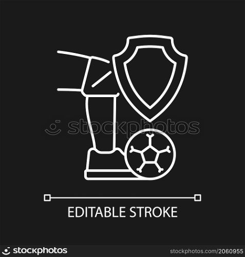 Sport accident insurance white linear icon for dark theme. Healthcare for athletes. Thin line customizable illustration. Isolated vector contour symbol for night mode. Editable stroke. Arial font used. Sport accident insurance white linear icon for dark theme