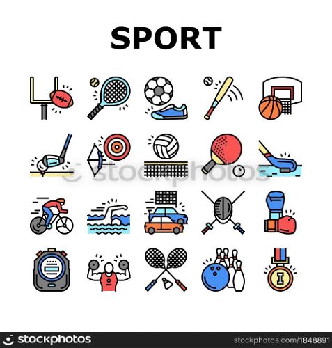 Sport Active Competitive Game Icons Set Vector. Basketball And Volleyball, Soccer And Rugby, Tennis And Badminton Sport Line. Archery, Baseball And Bowling Playing Player Color Illustrations. Sport Active Competitive Game Icons Set Vector