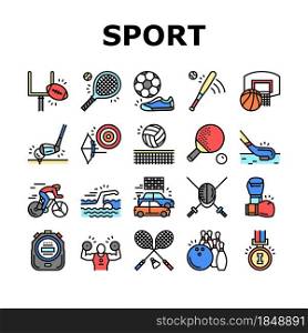 Sport Active Competitive Game Icons Set Vector. Basketball And Volleyball, Soccer And Rugby, Tennis And Badminton Sport Line. Archery, Baseball And Bowling Playing Player Color Illustrations. Sport Active Competitive Game Icons Set Vector