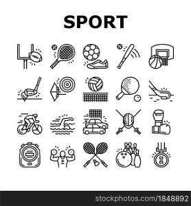 Sport Active Competitive Game Icons Set Vector. Basketball And Volleyball, Soccer And Rugby, Tennis And Badminton Sport Line. Archery, Baseball And Bowling Playing Player Black Contour Illustrations. Sport Active Competitive Game Icons Set Vector