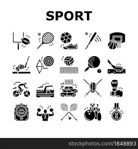 Sport Active Competitive Game Icons Set Vector. Basketball And Volleyball, Soccer And Rugby, Tennis And Badminton Sport Line. Archery, Baseball And Bowling Glyph Pictograms Black Illustrations. Sport Active Competitive Game Icons Set Vector