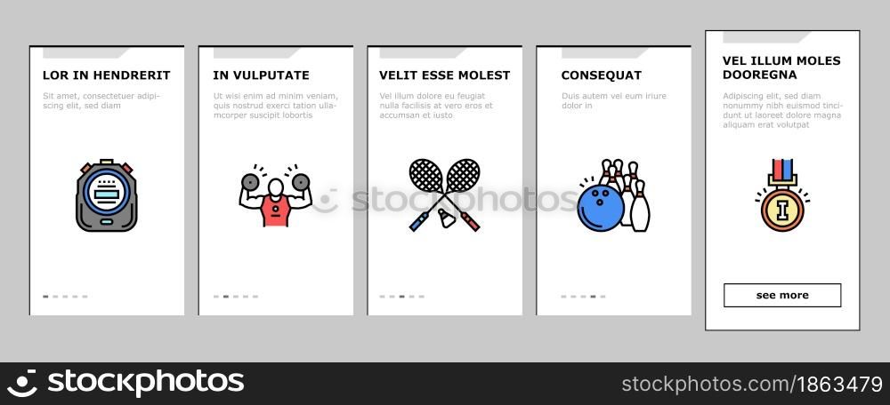 Sport Active Competitive Game Onboarding Mobile App Page Screen Vector. Basketball And Volleyball, Soccer And Rugby, Tennis And Badminton Sport Illustrations. Sport Active Competitive Game Onboarding Icons Set Vector