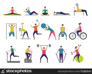Sport activities. Active people making fitness actions running jumping playing cycling vector characters. Illustration of people workout, activity training, fitness and stretching. Sport activities. Active people making fitness actions running jumping playing cycling vector characters