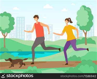 Sport activities background. Fitness people jogging or running outdoors vector flat characters. Sport and fitness, activity outdoor jogging illustration. Sport activities background. Fitness people jogging or running outdoors vector flat characters