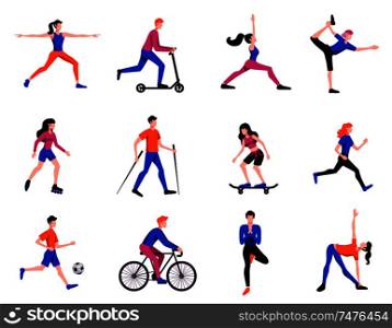 Sport activities flat characters icons set with fitness yoga practice cyclist football player skateboarder isolated vector illustration