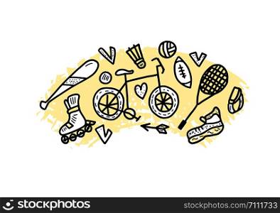 Sport activities. Healthy lifestyle tools, symbols in doodle style. Fitness vector concept.