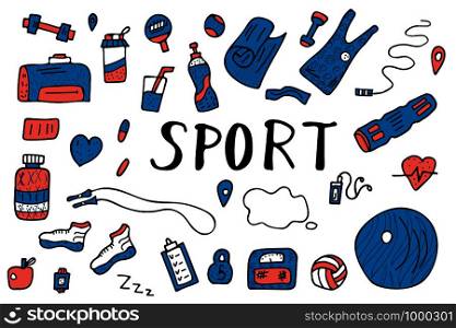 Sport activities tools, symbols in doodle style. Fitness vector concept. Poster, banner, greeting card, print isolated symbols.