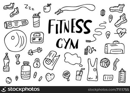Sport activities tools, symbols in doodle style. Fitness vector concept. Poster, banner, greeting card, print isolated symbols.
