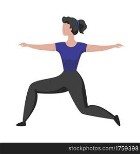 Sport activity. Cartoon woman doing exercises. Athletic female training. Character standing in yoga asana. Fitness and Pilates workout. Active healthy lifestyle. Vector girl performing gymnastic pose. Sport activity. Woman doing exercises. Athletic female training. Character standing in yoga asana. Fitness and Pilates workout. Active lifestyle. Vector girl performing gymnastic pose