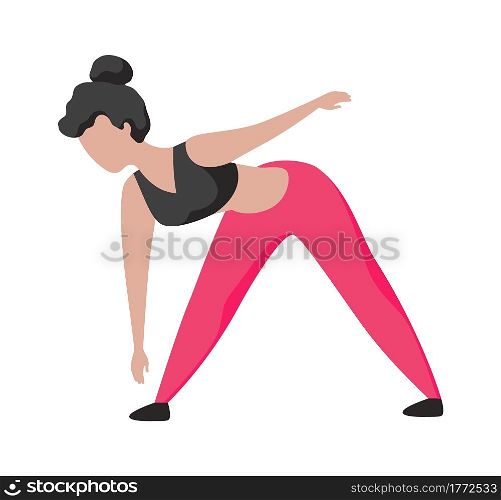 Sport activity. Cartoon woman exercising in gym. Young sportsman doing torso bends. Fitness training. Stretching or slimming workout. Isolated female character in sportswear. Vector healthy lifestyle. Sport activity. Cartoon woman exercising in gym. Sportsman doing torso bends. Fitness training. Stretching or slimming workout. Female character in sportswear. Vector healthy lifestyle