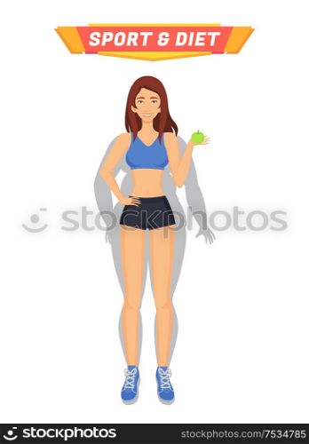 Sport and diet healthy woman holding apple and eating fruits. Weight loss of person, female transformation of body. Lady got rid of obesity vector. Sport and Diet Healthy Woman Vector Illustration