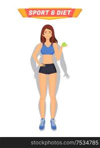 Sport and diet healthy woman holding apple and eating fruits. Weight loss of person, female transformation of body. Lady got rid of obesity vector. Sport and Diet Healthy Woman Vector Illustration