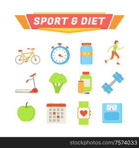 Sport and diet poster and icons set. Bicycle and treadmill exercises, apple broccoli veggie and fruit, calendar and smartwatch. Running lady vector. Sport and Diet Poster Icons Vector Illustration