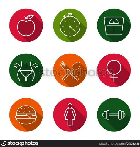 Sport and dieting flat linear long shadow icons set. Healthy lifestyle. Fitness. Apple nutrition, stopwatch, scales, weight loss, eatery and female signs, fastfood, gym barbell. Vector line symbols. Sport and dieting flat linear long shadow icons set