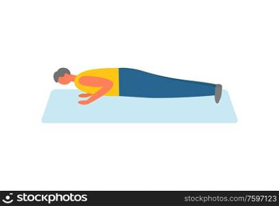 Sport and exercise, man doing push-ups on rug vector. Pumping biceps, healthy lifestyle and daily workout, morning training isolated male character. Man Doing Push-ups on Rug, Sport and Exercise