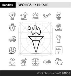 Sport And Extreme Hand Drawn Icons Set For Infographics, Mobile UX/UI Kit And Print Design. Include: Cup, Award, Star, Referee, Sport, Whistle, Sun, Sunshine, Icon Set - Vector
