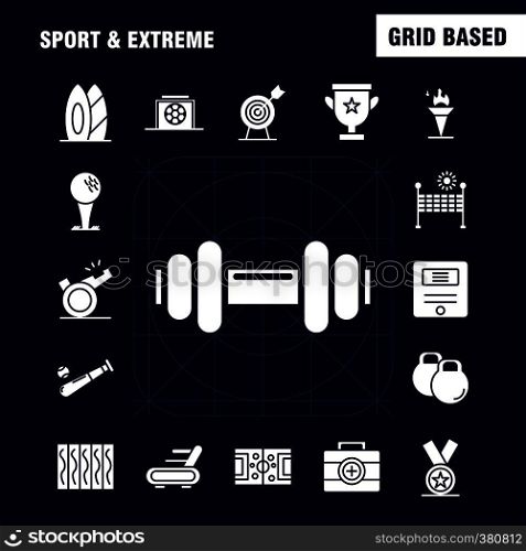 Sport And Extreme Solid Glyph Icons Set For Infographics, Mobile UX/UI Kit And Print Design. Include: Cup, Award, Star, Referee, Sport, Whistle, Sun, Sunshine, Icon Set - Vector