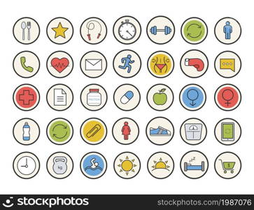 Sport and fitness color icons set. Healthy lifestyle. Gym training equipment. Daily timetable, healthcare, organizer, healthy diet and gender symbols. Vector isolated illustrations. Sport and fitness color icons set