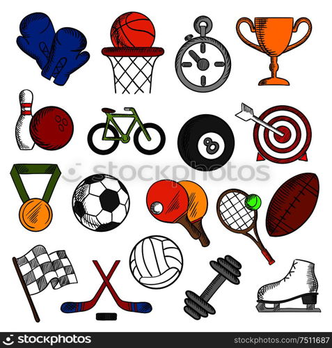 Sport and fitness icons set with silhouettes of sport balls and items, trophy cup and bicycle, racing flag and ice skate, boxing glove and stopwatch, dumbbell and medal. Sport and fitness icons set