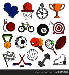 Sport and fitness icons set with silhouettes of sport balls and items, trophy cup and bicycle, racing flag and ice skate, boxing glove and stopwatch, dumbbell and medal. Sport and fitness icons set