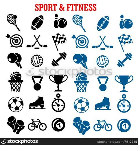 Sport and fitness icons set with silhouettes of sport balls and items, trophy cup, bicycle, racing flag, ice skate, boxing glove, stopwatch, dumbbell and medal. Sport and fitness icons set with items