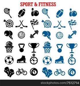 Sport and fitness icons set with silhouettes of sport balls and items, trophy cup, bicycle, racing flag, ice skate, boxing glove, stopwatch, dumbbell and medal. Sport and fitness icons set with items