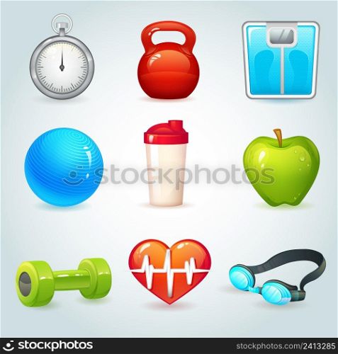 Sport and fitness realistic icons set isolated vector illustration