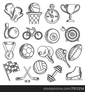 Sport and fitness sketch icons with sport volleyball, football, rugby, basketball billiards, bowling balls and items, trophy cup, bicycle, racing and ice skate, boxing, stopwatch, dumbbell and medal. Sport and fitness sketch icons of game items