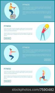 Sport and fitness trainings tips online web page vector. Exercise bike and bending over with ball, squats and lunges with dumbbells, workout plan. Fitness Exercise Tips Web Page Template, Sport