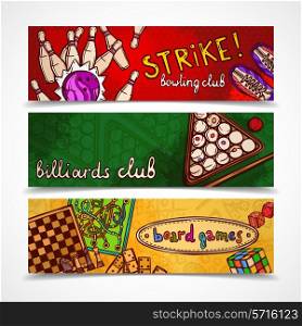 Sport and gambling games sketch colored horizontal banner set with bowling billiards and board isolated vector illustration