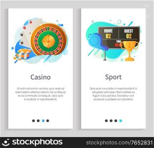 Sport and gambling vector, casino roulette and chips with playing cards, hobby and relaxation. Score of match and prize award for winning team. Website or slider app, landing page flat style. Casino and Sport, Gambling and Sporting Vector