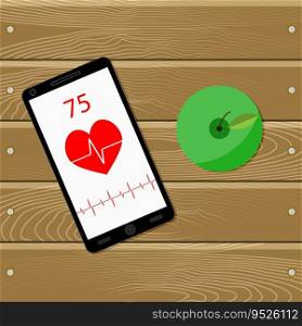 Sport and health for heart. Health sport, healthy active fitness, equipment for training and apple. Vector illustration. Sport and health for heart