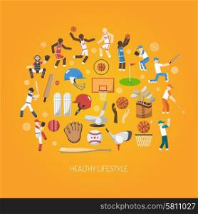 Sport and healthy lifestyle concept with flat players and accessories icons set vector illustration. Sport Concept Flat