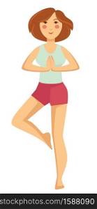 Sport and healthy lifestyle, woman exercising or doing yoga pose, isolated female character vector. Morning workout, girl in sportswear, standing on one leg. Balance and zen, physical activity. Woman exercising or doing yoga pose, isolated female character