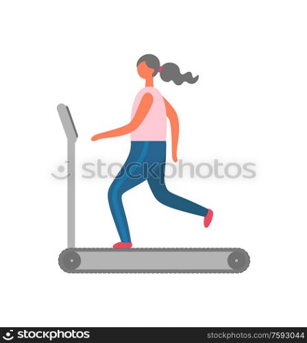 Sport and jogging, woman on treadmill vector. Running track, girl doing cardio exercise, fitness and physical activity, body health and strength, workout. Woman on Treadmill, Gym Workout and Jogging Sport