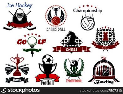 Sport and leisure icons or symbols with ice hockey, basketball, volleyball, golf, chess, darts, soccer, football, billiards, pool and bowling items. Sport and leisure icons or symbols
