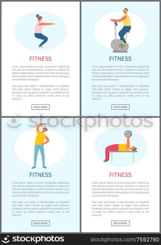 Sport and physical activity, fitness trainings vector. Squats and exercise bike, bending over and weight lifting, men and women working out at gym. Fitness and Healthy Lifestyle Online Web Pages