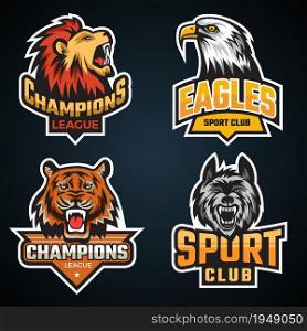 Sport animal. Team logo or emblem with wild animals grizzly bear wolf tiger mascots vector collection. Emblem animal for game club college illustration. Sport animal. Team logo or emblem with wild animals grizzly bear wolf tiger mascots vector collection