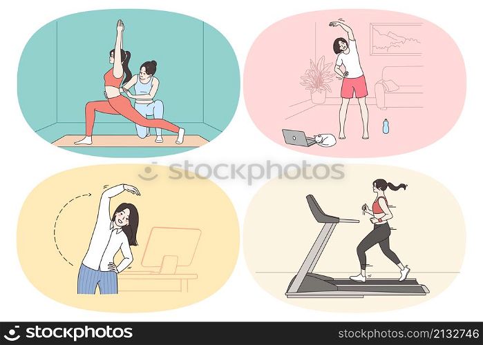 Sport at work and gym concept. Set of young women making exercises stretching jogging and practicing yoga workouts in office at home and in gym vector illustration. Sport at work and gym concept
