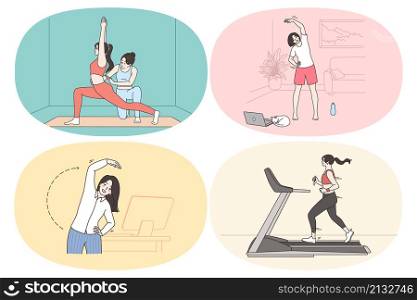 Sport at work and gym concept. Set of young women making exercises stretching jogging and practicing yoga workouts in office at home and in gym vector illustration. Sport at work and gym concept